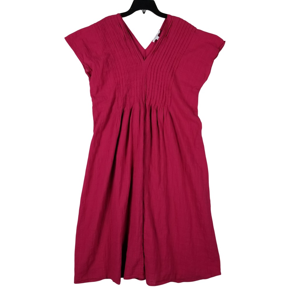 Chico's Midi Dress Womens 2 Large Magenta Pintuck V-Neck Short Sleeve Cotton